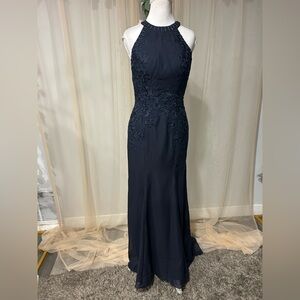 Elegant Navy Blue Lace Halter Gown | Beaded Neckline | Size Small